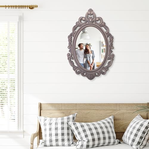Oval Wooden Hanging Mirror Grey Carved Frame Wall Mirror 24"x16" M5118