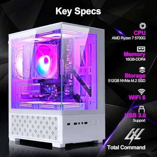 White Desktop PC AMD Ryzen 7-5700G 8 core 3.9GHz 16G DDR4 RAM 512GB NVME SSD Tower Computer with Power Supply 400W J603