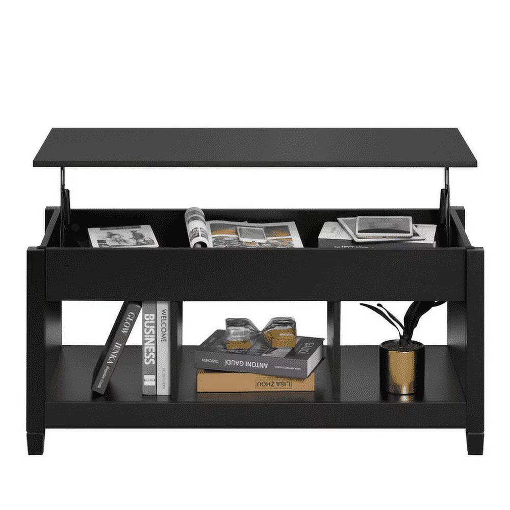Black Lift Top Coffee Table with Storage Compartment and Open Shelves N904