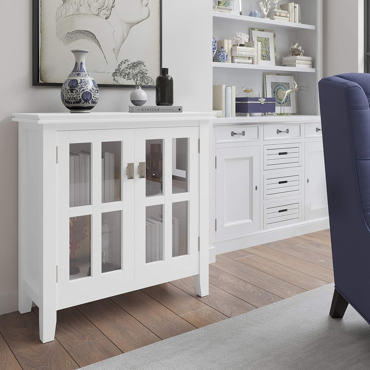 White 30 inch Wide Low Storage Cabinet with 2 Tempered Glass Doors P302