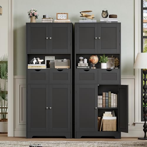 White Tall Bathroom Cabinet with 2 Drawers & 2 Adjustable Shelves & 4 Doors Q454452
