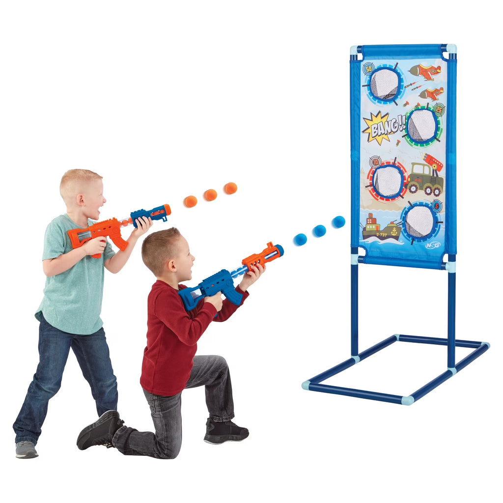 2pk 24ct Soft Foam Balls and 2 Pump Action Blaster Guns with Standing Shooting Target L360