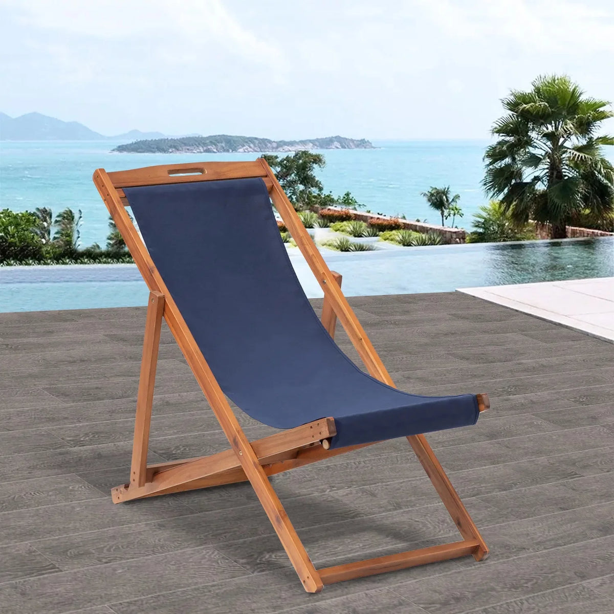 Beach Chair 2 Set Folding Reclining Chair with Solid Wood Frame Blue T254751