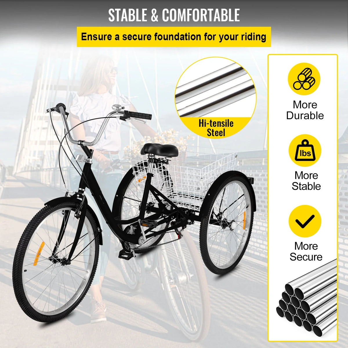 7-Speed 3 Wheel Adult Tricycle 24'' Yellow with Large Basket Z799