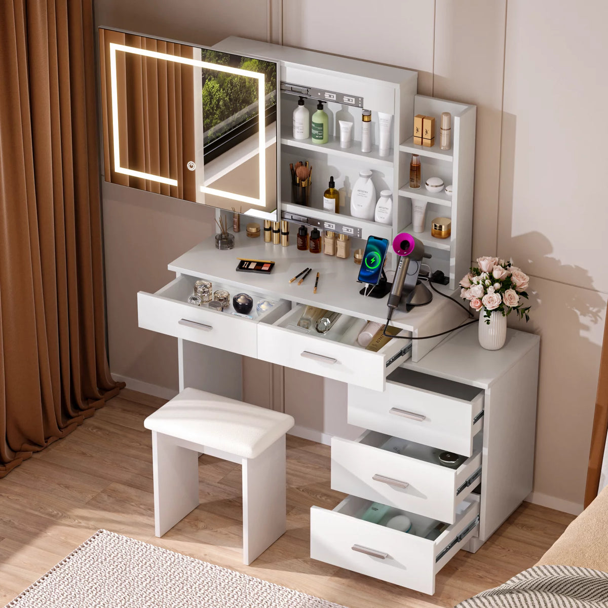 Large White Makeup Vanity Desk with Lighted Mirror and 3-Drawer Chest M3987