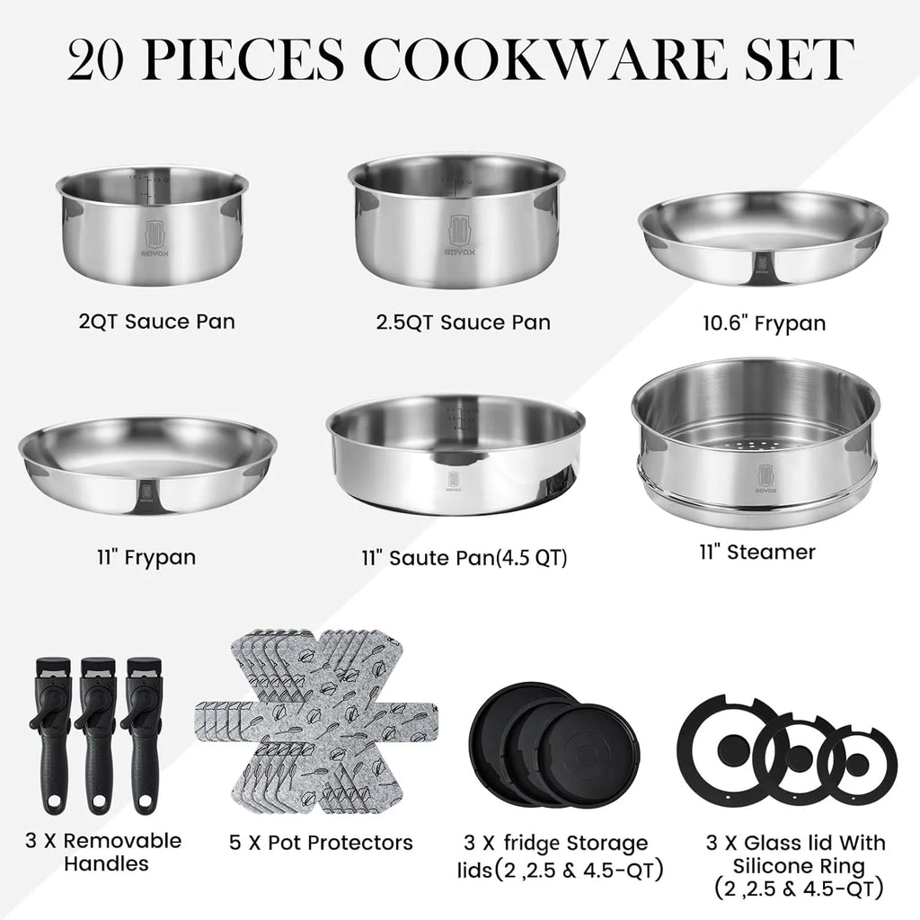 20 Piece Stainless Steel Cookware Set with Removable Handle F53806