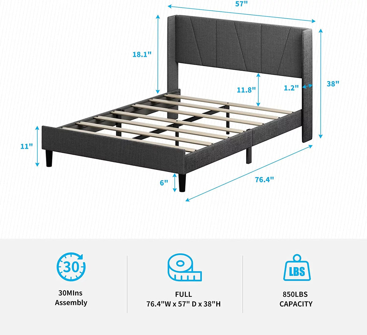 Full Upholstered Wingback Platform Bed Frame with Headboard Dark Grey F34521