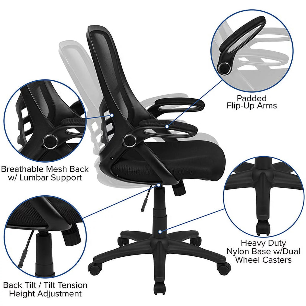 Black Mesh Ergonomic Swivel Office Chair with Flip-up Arms P9210