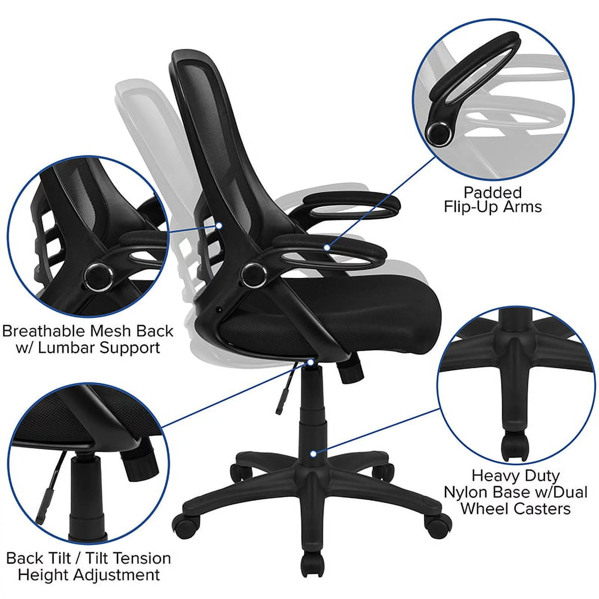 Black Mesh Ergonomic Swivel Office Chair with Flip-up Arms P9210