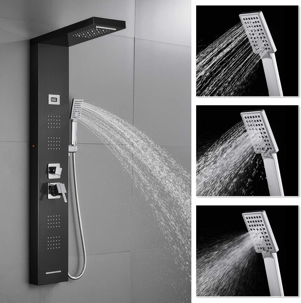 Stainless Steel Shower Panel Tower System with LED Rainfall Shower Head, Handheld Shower Head, 4 Body Jets, Tub Spout, Water Temperature Display A920