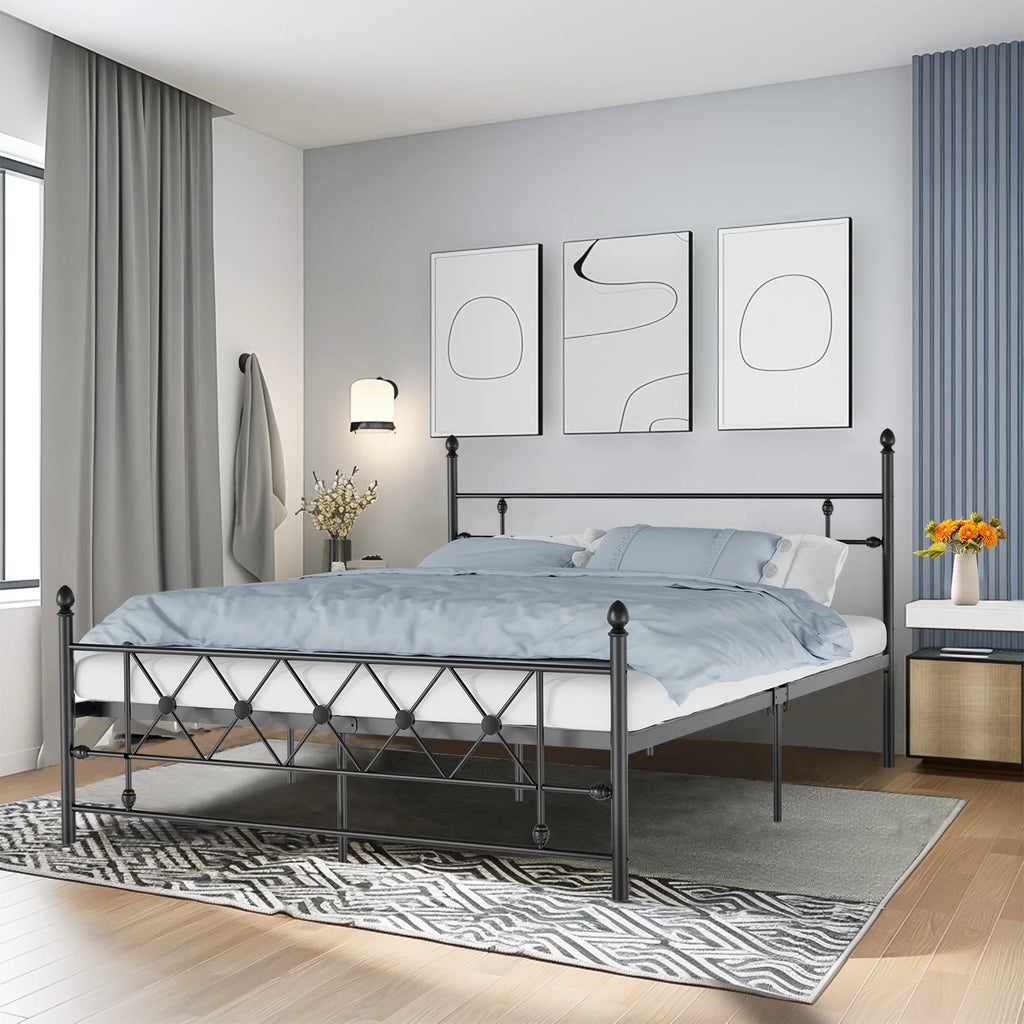 Queen Size Black Metal Platform Bed Frame with Headboard J695