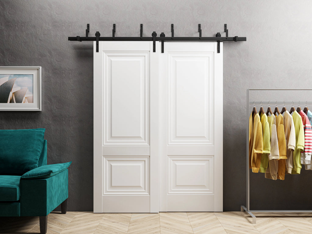 Solid French Double Doors 64 x 96 inches Light Grey Oak with Frosted Glass Wood Solid Panel Frame Trims Closet Bedroom Sturdy Doors N481472