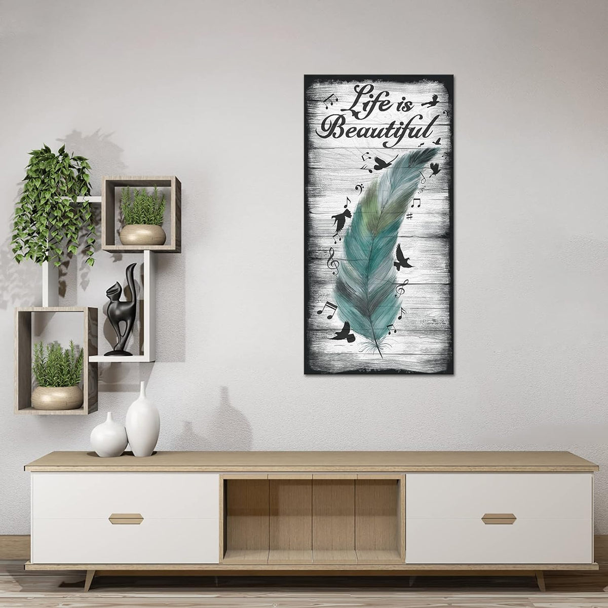 Abstract Feather and Flying Birds Canvas Wall Art with Inspirational Quote, 20x40 G8694