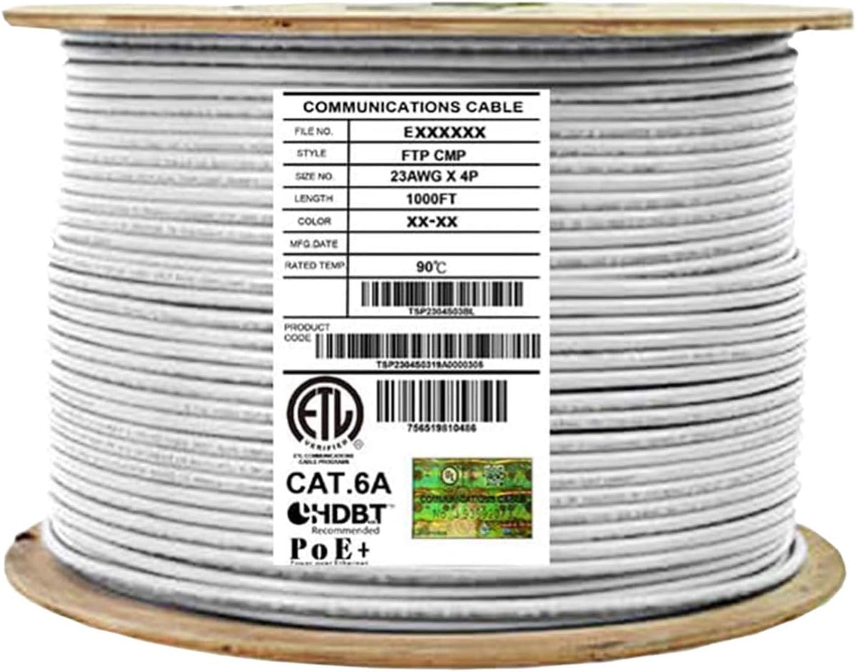Bulk Ethernet Cable Reel, Cat6A Shielded Plenum, 1000ft, FTP 23AWG, Solid Pure Copper, Blue X61303