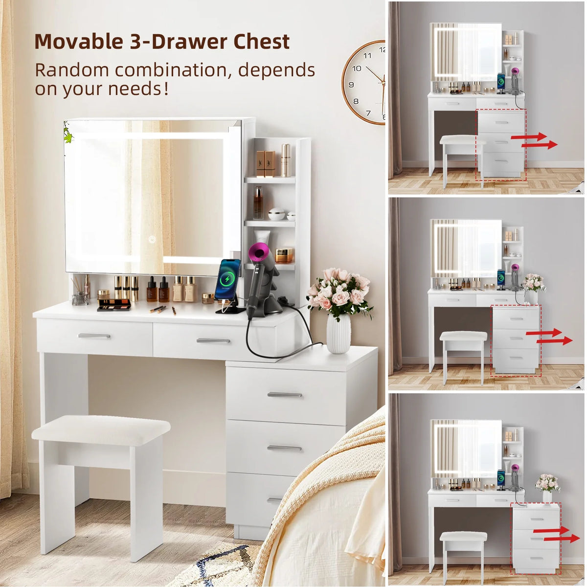 Large White Makeup Vanity Desk with Lighted Mirror and 3-Drawer Chest M3987