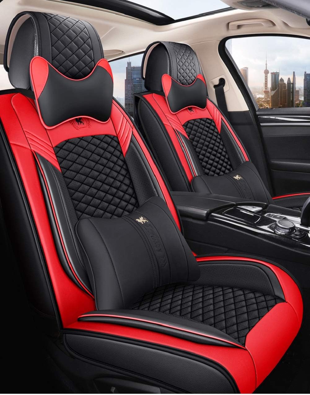 Black & Red Leather Car Seat Covers 5 Seats Full Set N81631