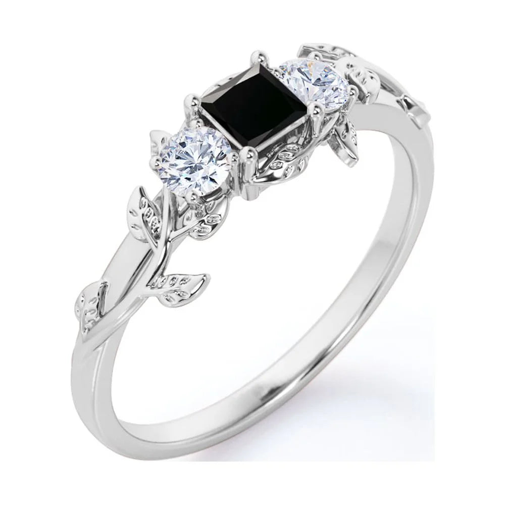 Three Stone Engagement Ring with Lab Grown Black Diamond and Moissanite P1850