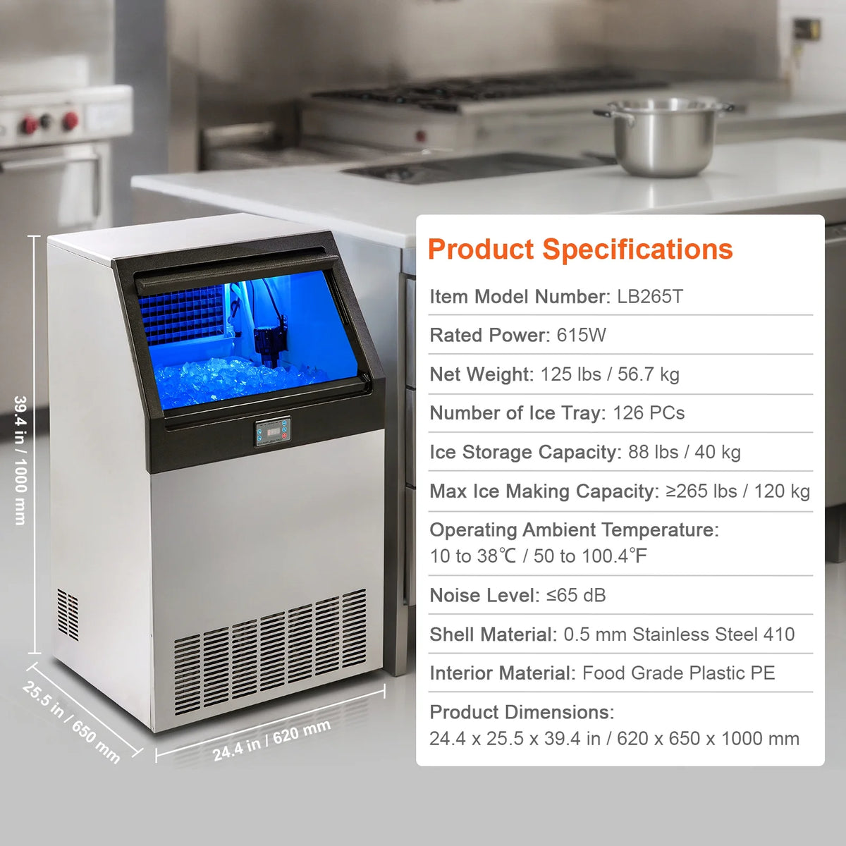 Commercial Ice Maker Freestanding Cabinet Machine 265lbs/24H Q8038