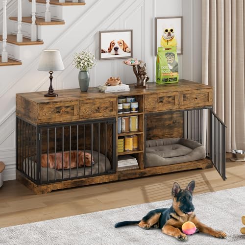 82” Wooden Dog Crate Furniture with 4 Drawers and Shelves D135561