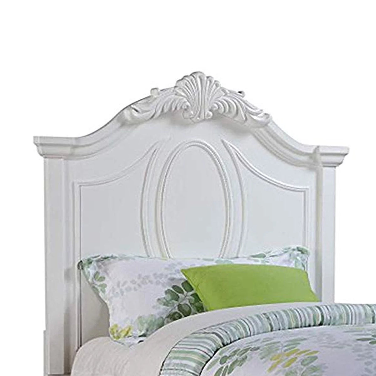 White Wooden Full Size Bed with Carved Headboard N5609
