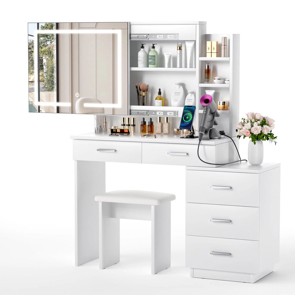 Large White Makeup Vanity Desk with Lighted Mirror and 3-Drawer Chest M3987