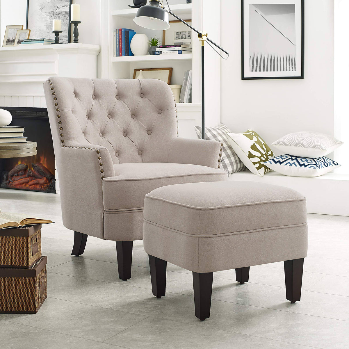 Beige Fabric Accent Chairs with Ottoman K9580