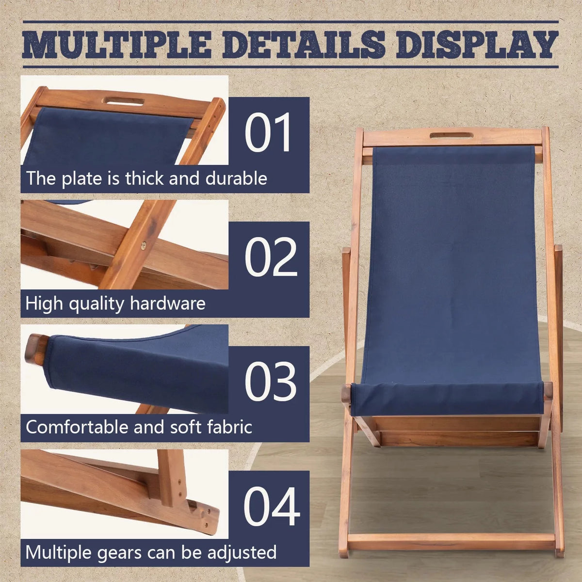 Beach Chair 2 Set Folding Reclining Chair with Solid Wood Frame Blue T254751