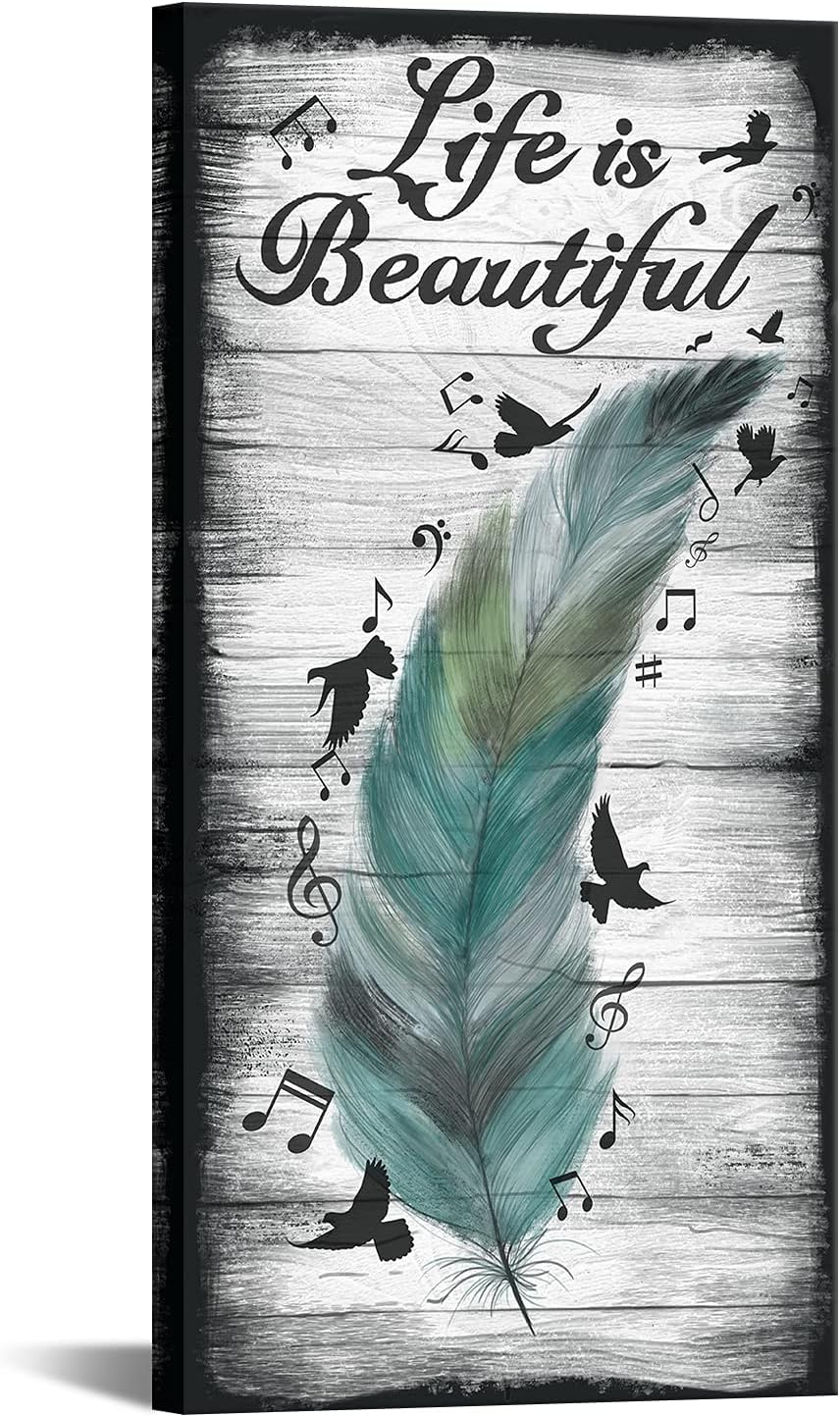 Abstract Feather and Flying Birds Canvas Wall Art with Inspirational Quote, 20x40 G8694