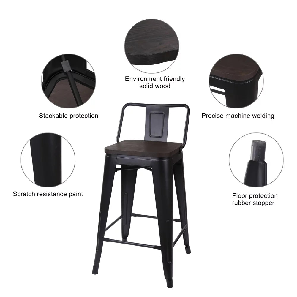 Black 24 inch Low Back Metal Barstool with Dark Wood Seat, Set of 4 W4258