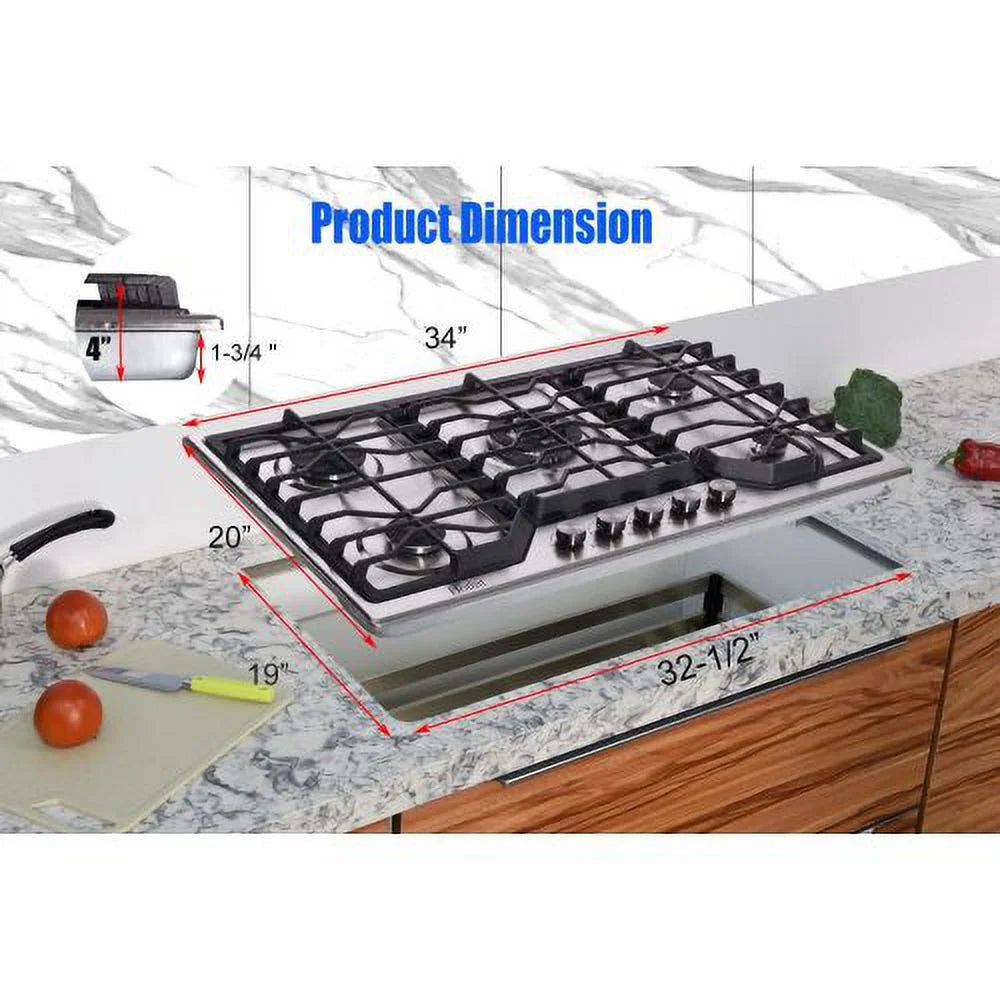 5 Burners 34 inch Gas Cooktop, 36000 BTU Stainless Steel Gas Range Top L137590