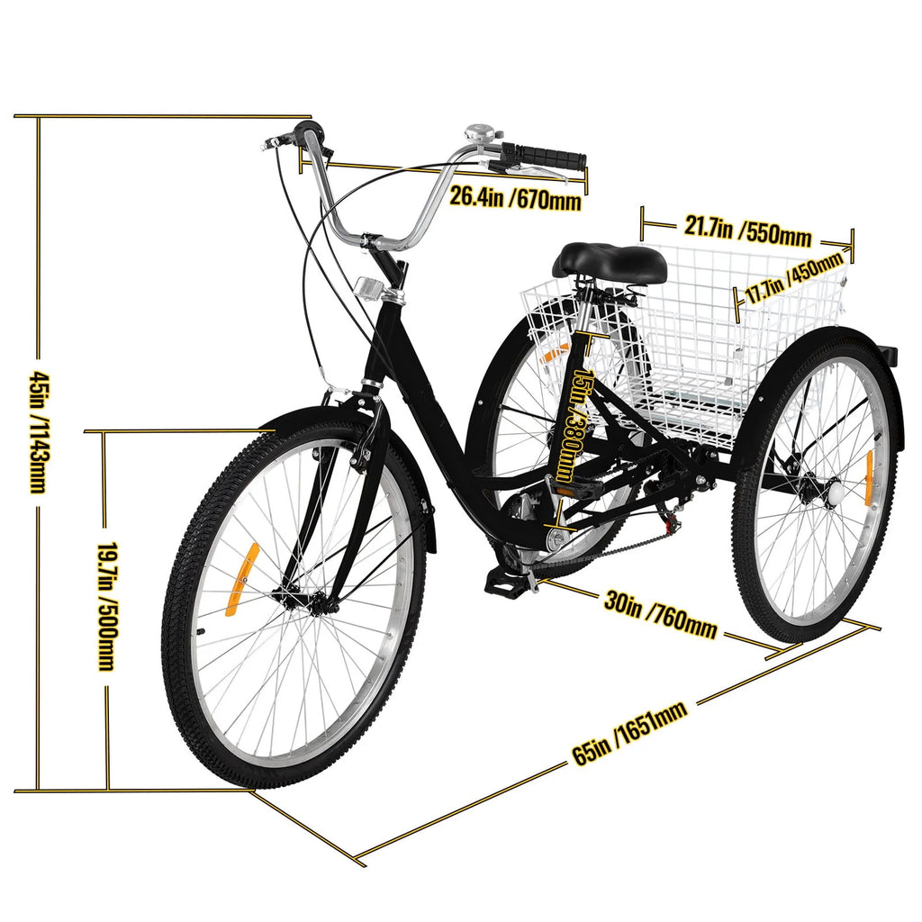 7-Speed 3 Wheel Adult Tricycle 24'' Yellow with Large Basket Z799