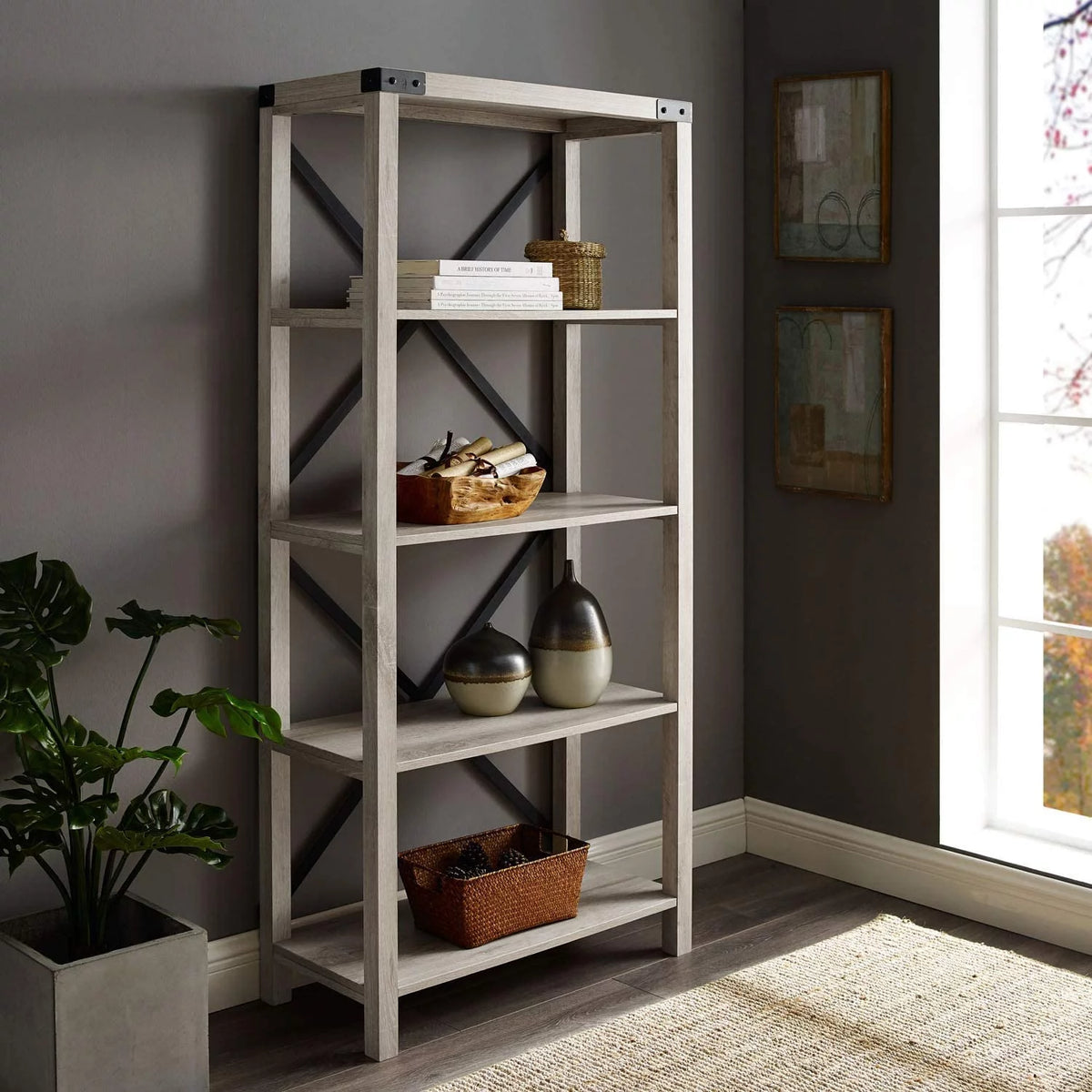 64 Inch Sable Grey Metal X-Back Bookshelf J7354