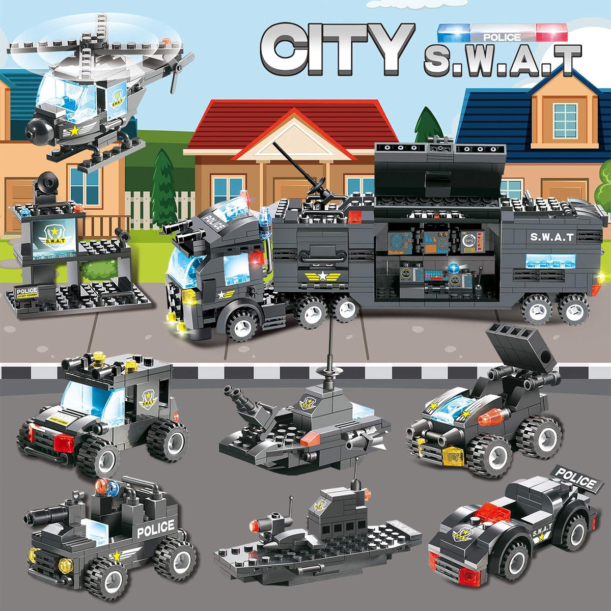 1110 PCS SWAT City Police Station Mobile Command Center Truck Car Building Blocks Set with Storage Box R11103