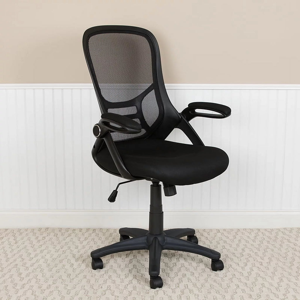 Black Mesh Ergonomic Swivel Office Chair with Flip-up Arms P9210