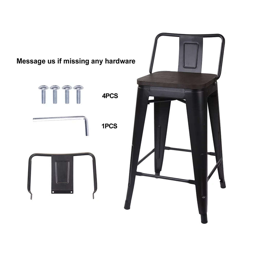 Black 24 inch Low Back Metal Barstool with Dark Wood Seat, Set of 4 W4258