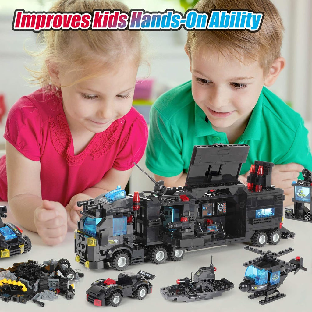 1110 PCS SWAT City Police Station Mobile Command Center Truck Car Building Blocks Set with Storage Box R11103