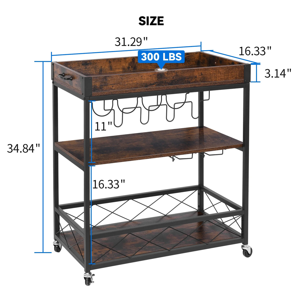 31" 3-Tier Mobile Bar Cart with Wine Rack and Glass Holder G62302