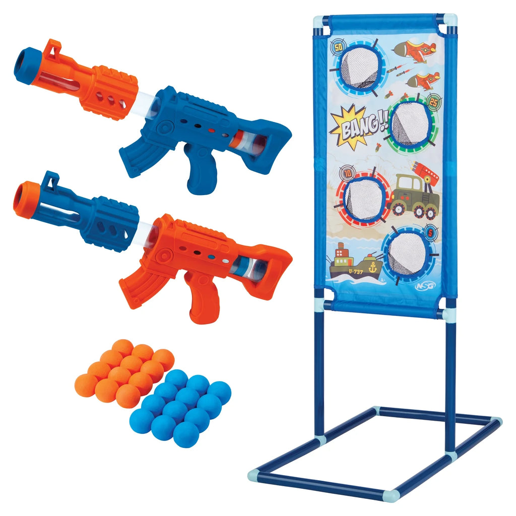 2pk 24ct Soft Foam Balls and 2 Pump Action Blaster Guns with Standing Shooting Target L360