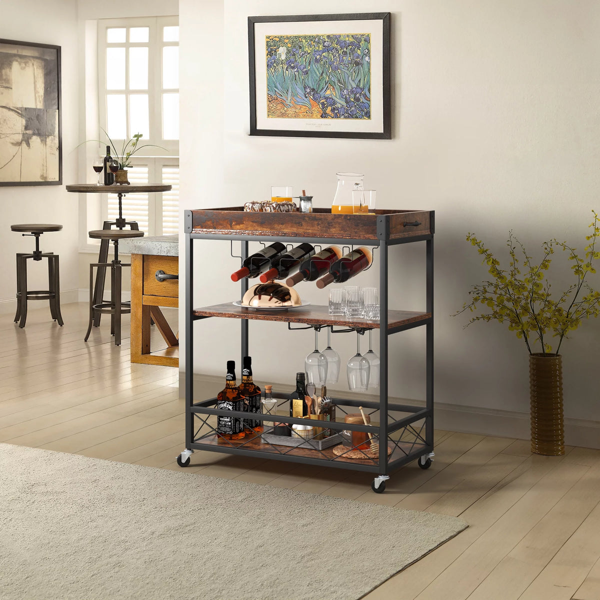 31" 3-Tier Mobile Bar Cart with Wine Rack and Glass Holder G62302