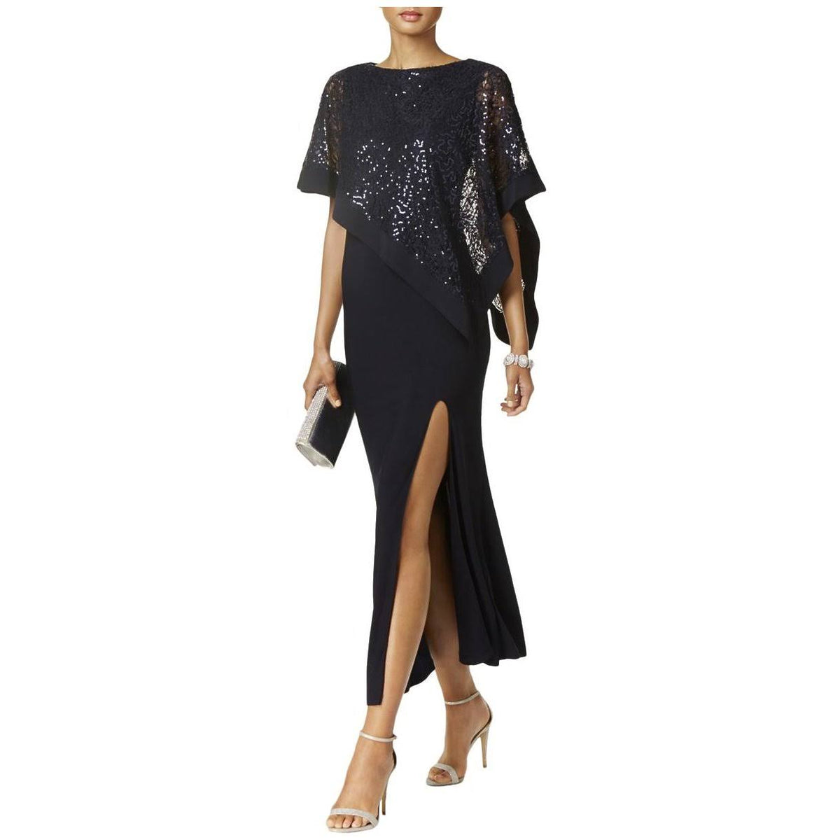Black Sequined Lace Cape Gown H925