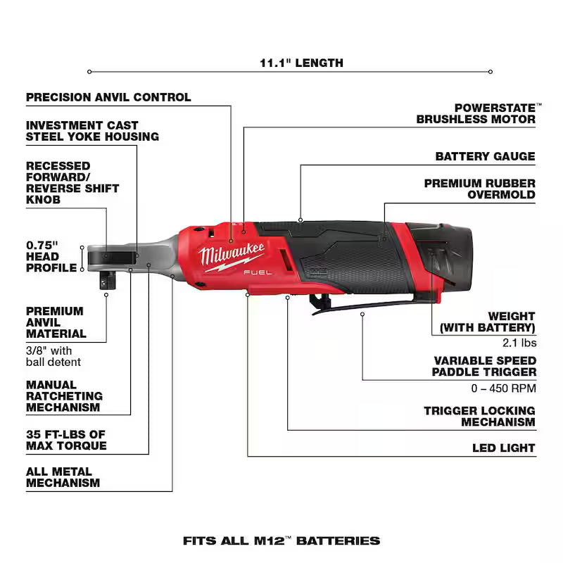 12V Lithium-Ion Brushless Cordless 3/8 in. Ratchet Kit with Batteries, Charger and Bag P642