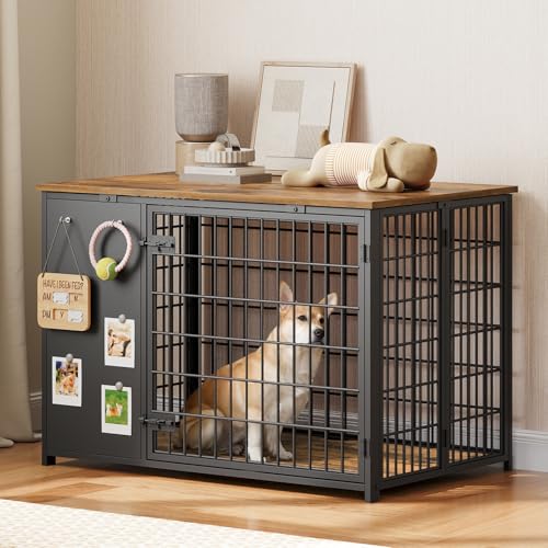 Foldable White and Walnut Wooden Dog Crate Furniture R5668