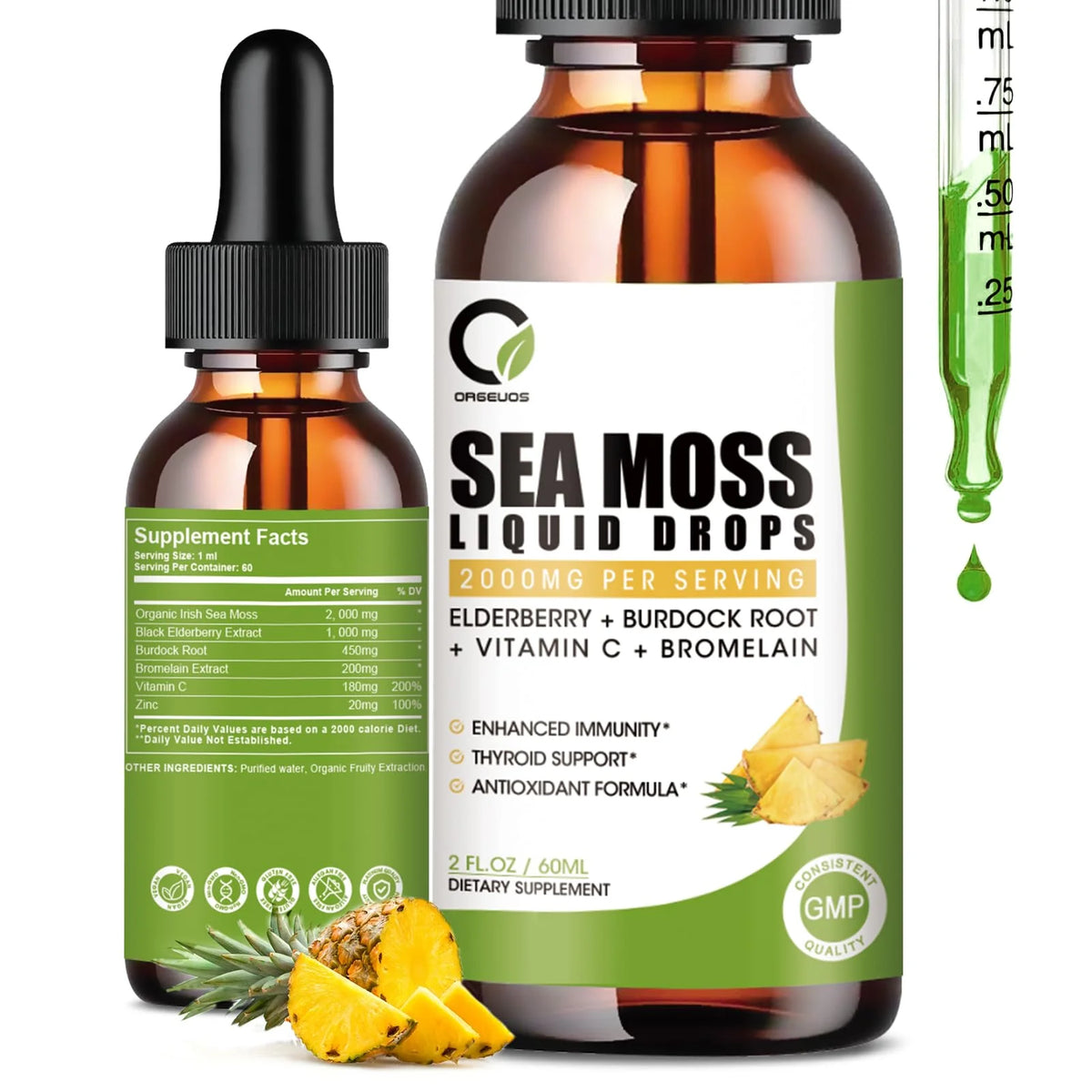 2000mg Sea Moss Drops with Black Elderberry, Burdock Root, Bromelain, Vitamin C and Zinc, 2 Fl.Oz Pineapple Flavor P7840