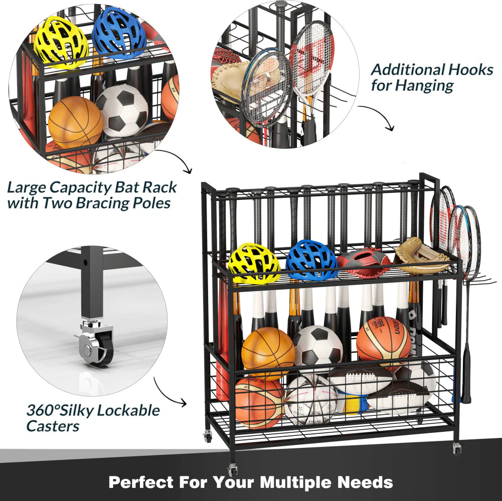 4 Tier Rolling Ball Storage Organizer with Hooks F142