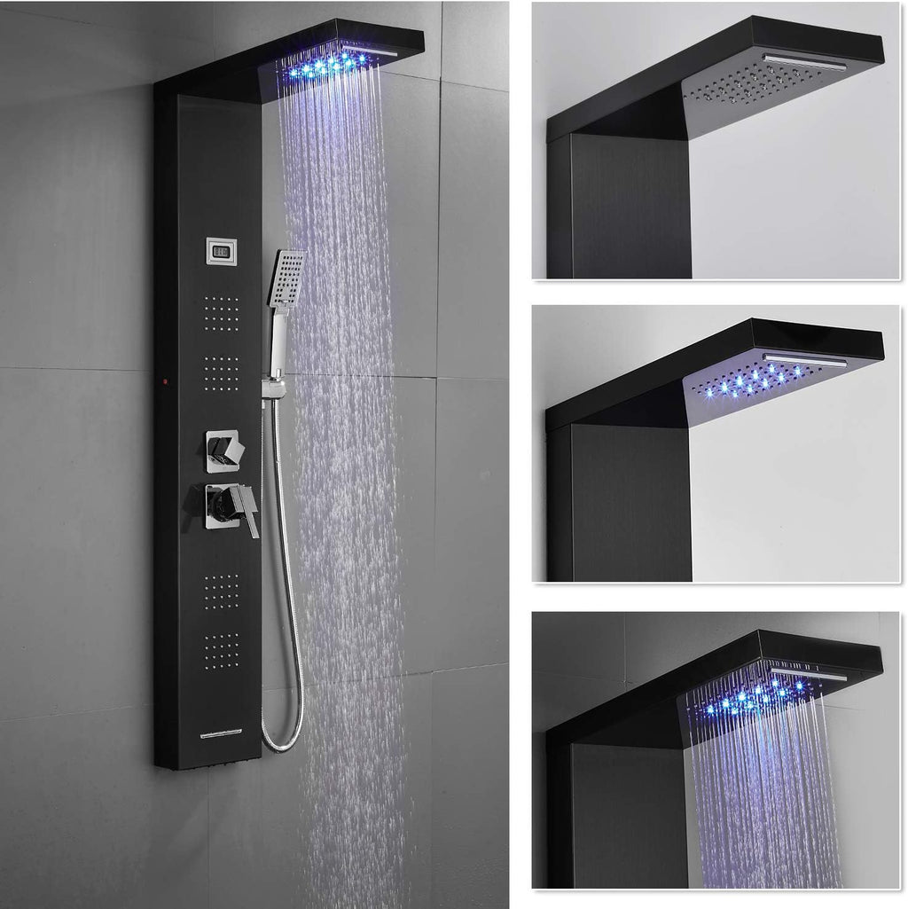 Stainless Steel Shower Panel Tower System with LED Rainfall Shower Head, Handheld Shower Head, 4 Body Jets, Tub Spout, Water Temperature Display A920