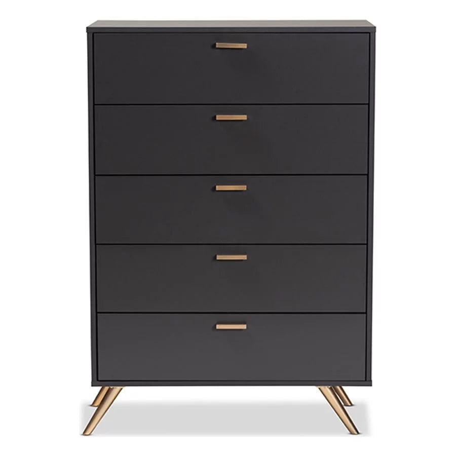 Dark Grey and Gold Finished Wood 5-Drawer Chest S496