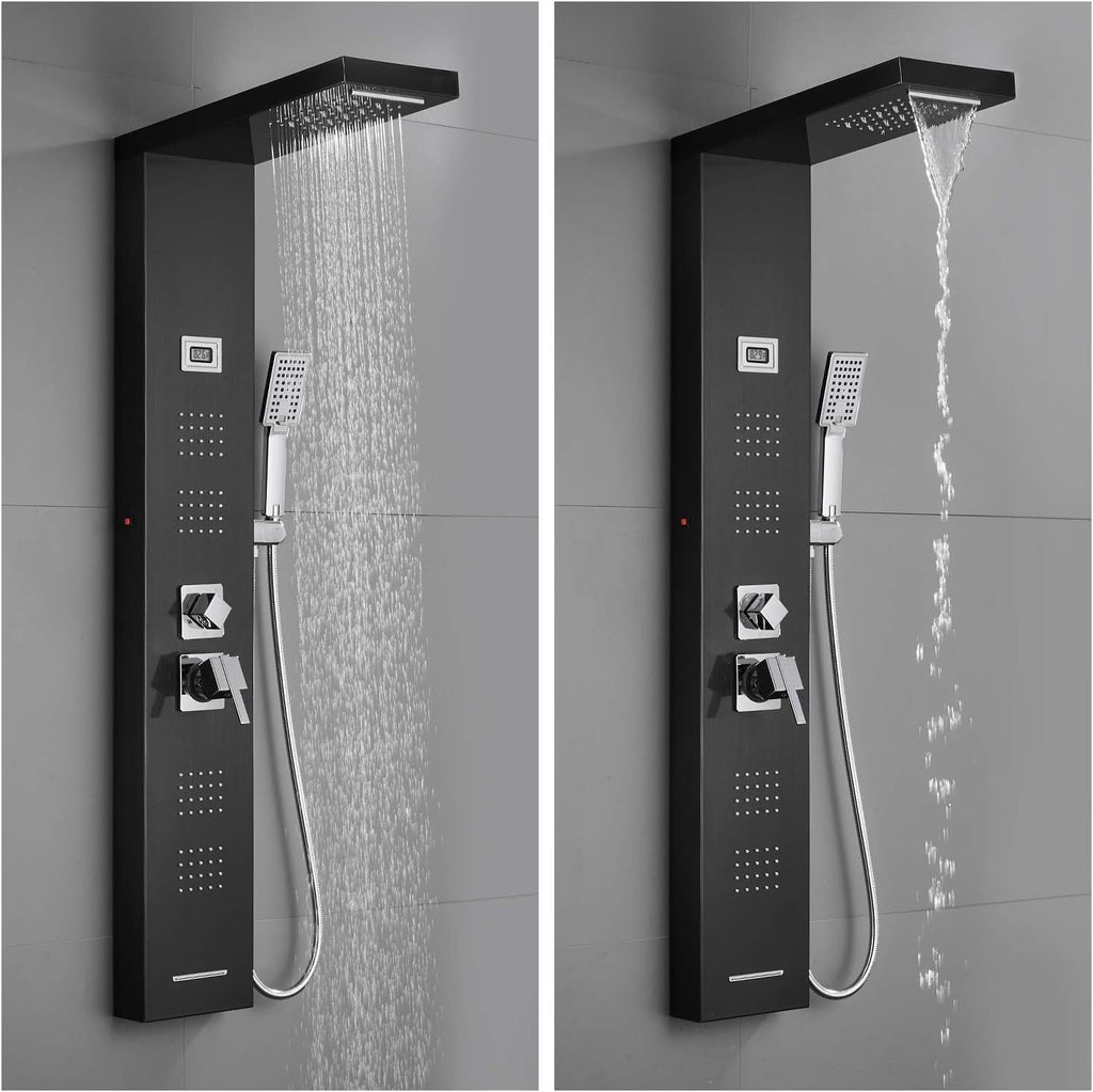 Stainless Steel Shower Panel Tower System with LED Rainfall Shower Head, Handheld Shower Head, 4 Body Jets, Tub Spout, Water Temperature Display A920