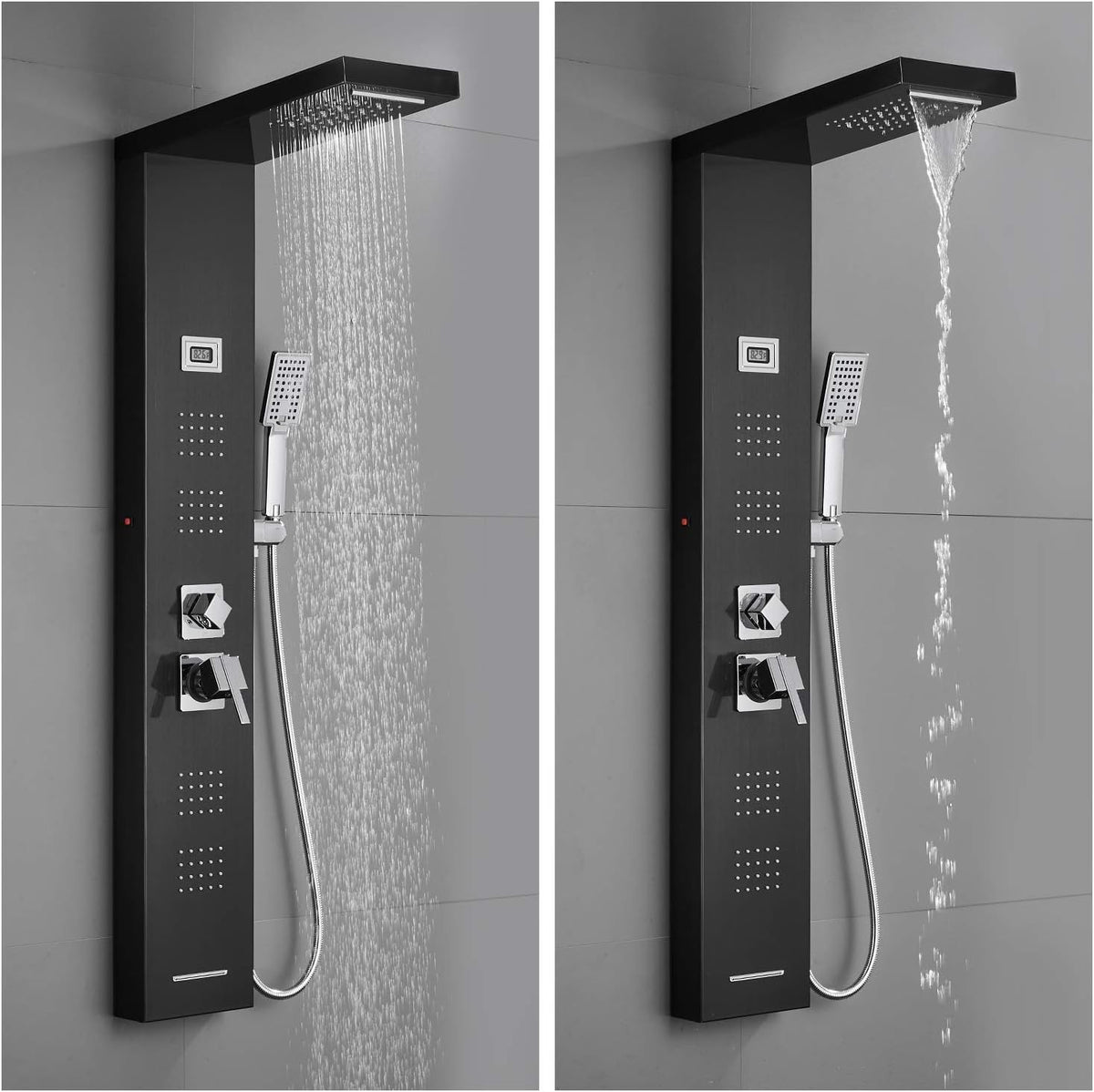 Stainless Steel Shower Panel Tower System with LED Rainfall Shower Head, Handheld Shower Head, 4 Body Jets, Tub Spout, Water Temperature Display A920