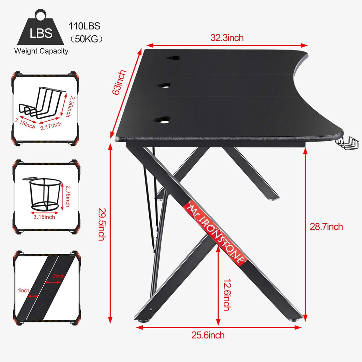 Black 63 W x 32 D Gaming Desk with Cup Holder and Headphone Hook U28924