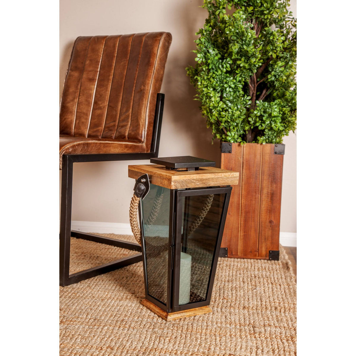 Black Wood and Glass Candle Lantern T3641